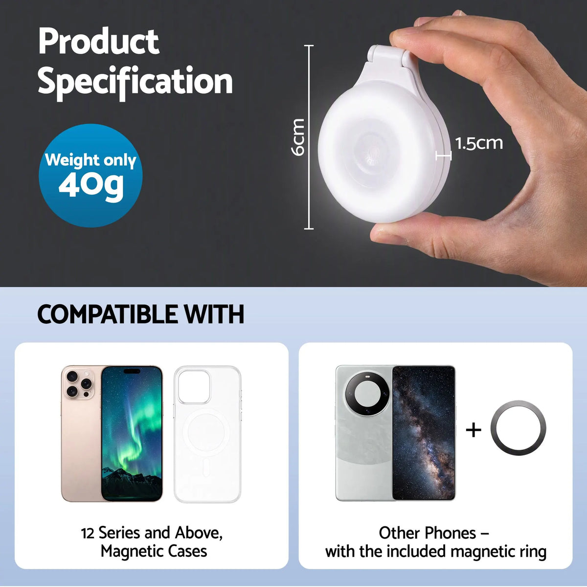 Devanti Magnetic Selfie Light Foldable LED Ring Fill Phone Light CRI95 White - Image 3