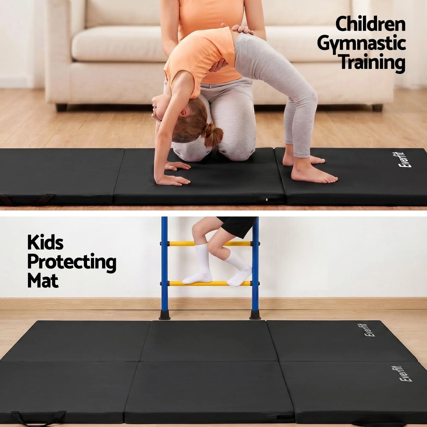 Everfit Gymnastics Mats Folding Exercise Floor Mat Portable 3 Fold Tumbling Mat Black - Image 6