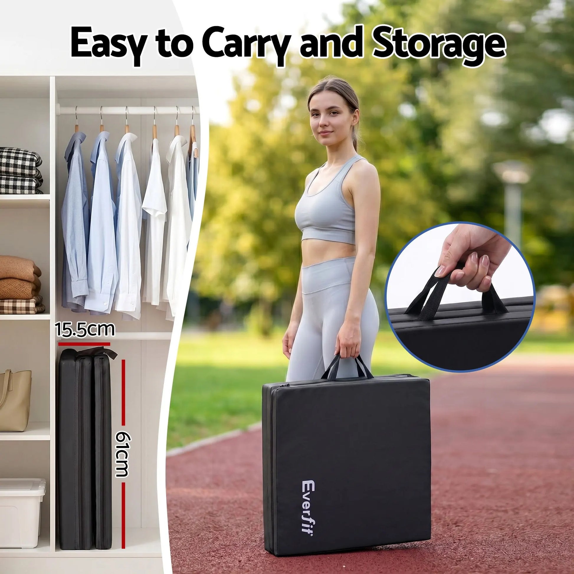 Everfit Gymnastics Mats Folding Exercise Floor Mat Portable 3 Fold Tumbling Mat Black - Image 7