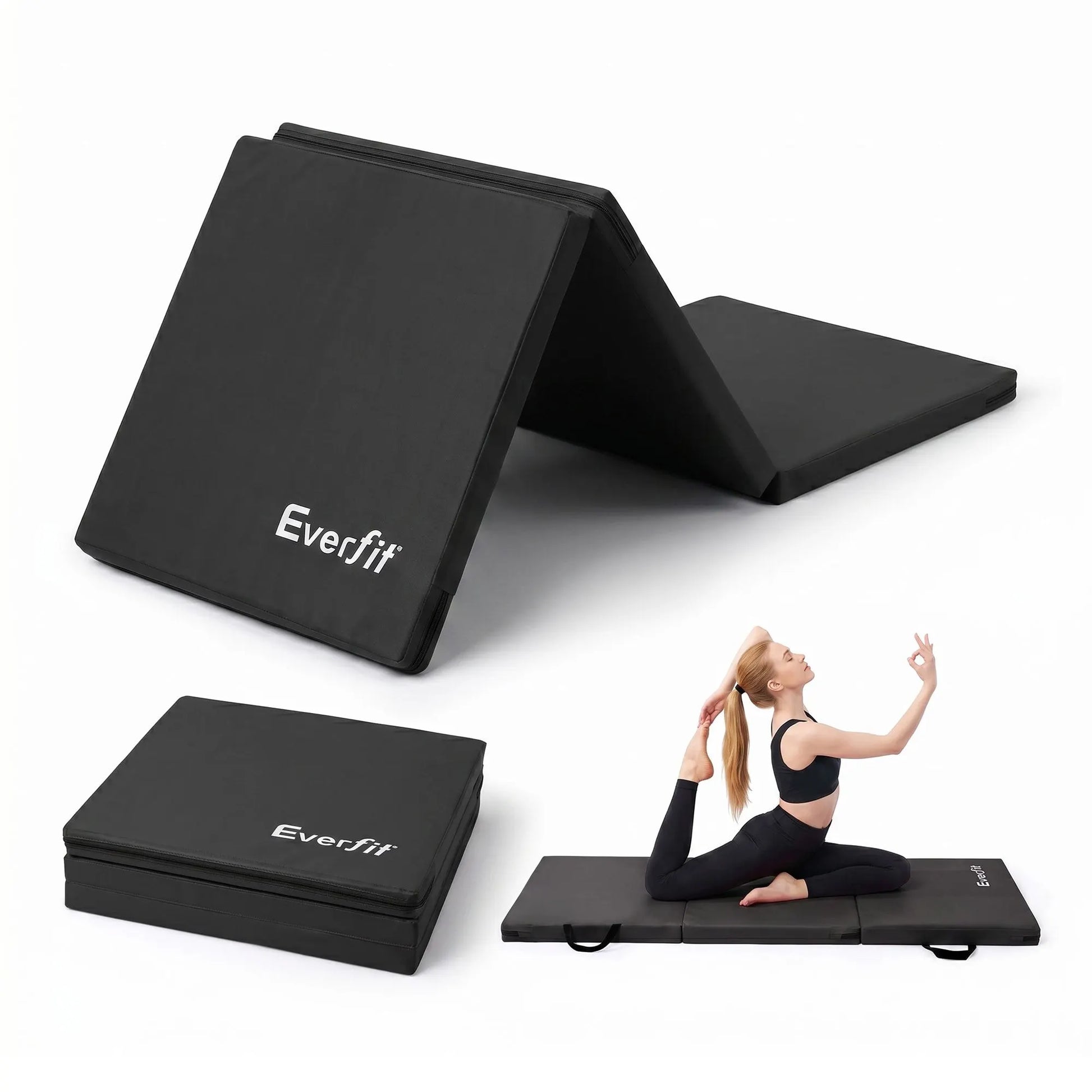 Everfit Gymnastics Mats Folding Exercise Floor Mat Portable 3 Fold Tumbling Mat Black - Image 8