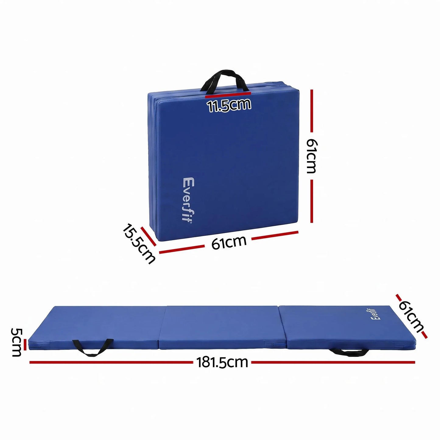 Everfit 180x60cm Gymnastics Mats Folding Exercise Floor Mat Portable 3 Fold Tumbling Mat Blue - Image 2