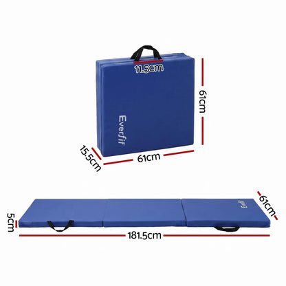 Everfit 180x60cm Gymnastics Mats Folding Exercise Floor Mat Portable 3 Fold Tumbling Mat Blue - Image 2