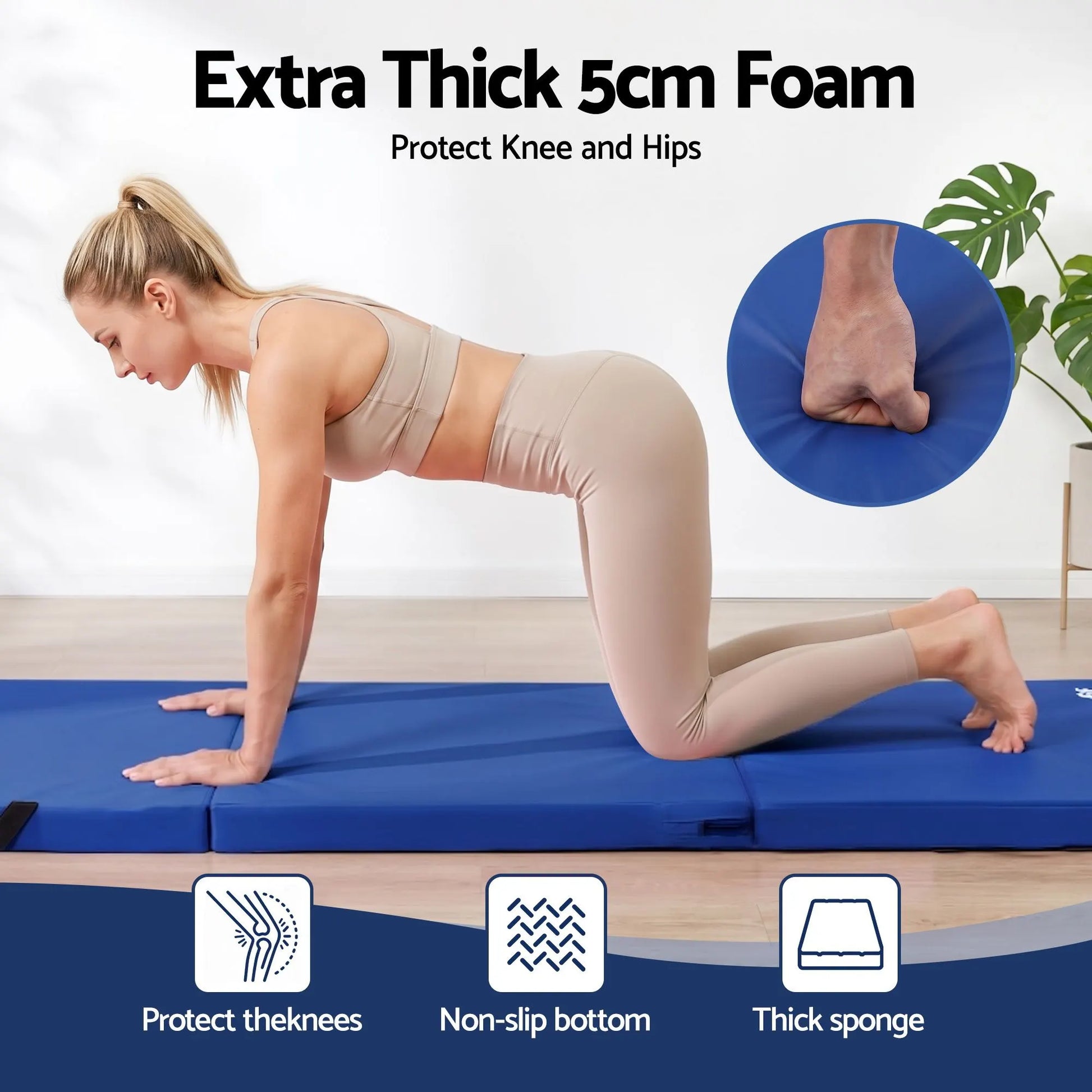 Everfit 180x60cm Gymnastics Mats Folding Exercise Floor Mat Portable 3 Fold Tumbling Mat Blue - Image 4