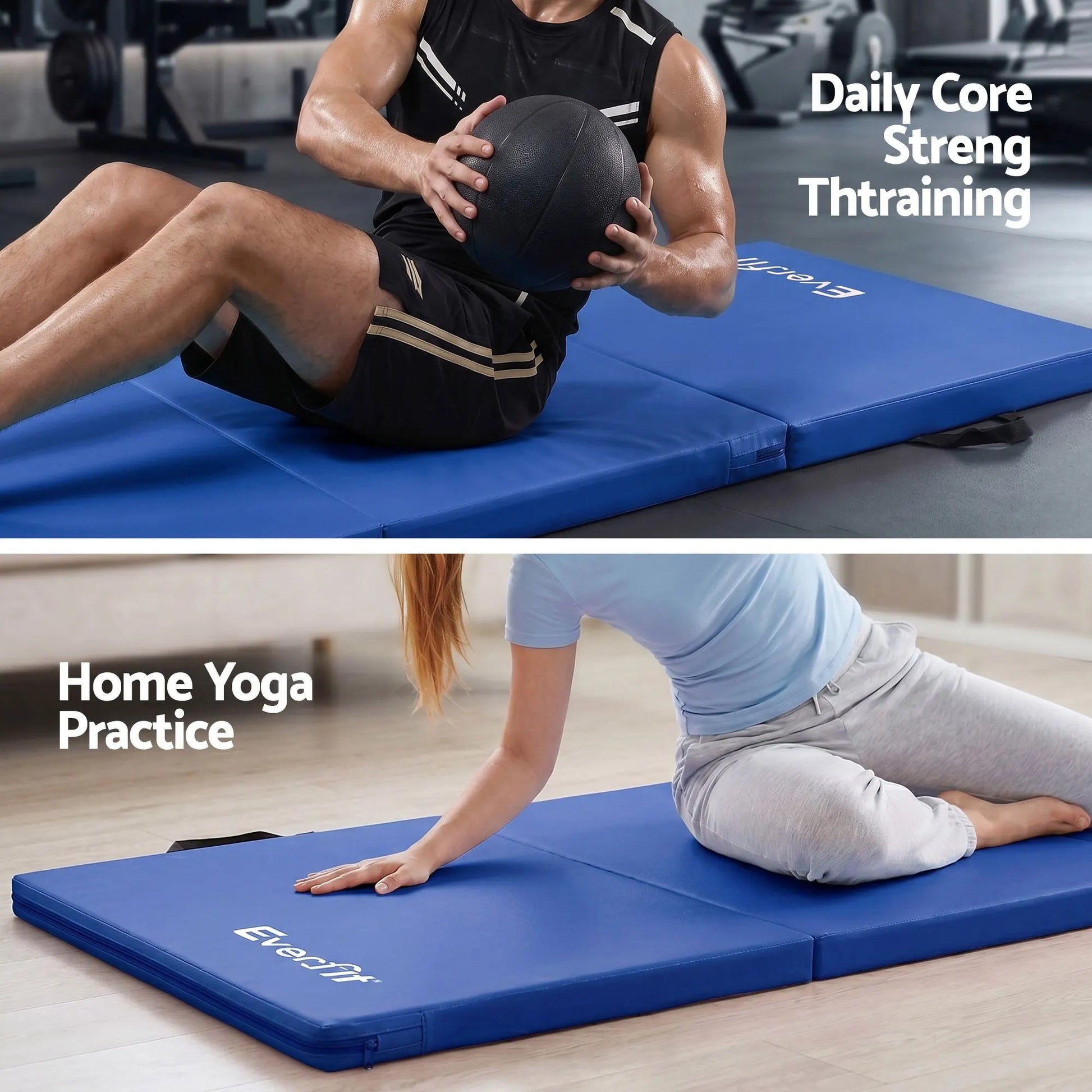 Everfit 180x60cm Gymnastics Mats Folding Exercise Floor Mat Portable 3 Fold Tumbling Mat Blue - Image 5
