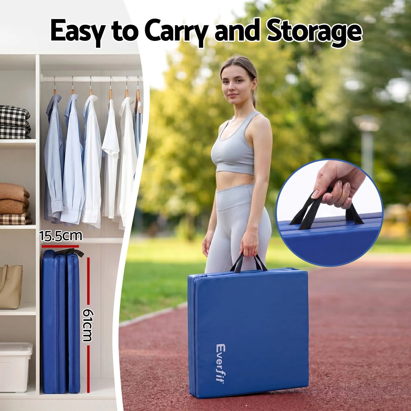 Everfit 180x60cm Gymnastics Mats Folding Exercise Floor Mat Portable 3 Fold Tumbling Mat Blue - Image 7
