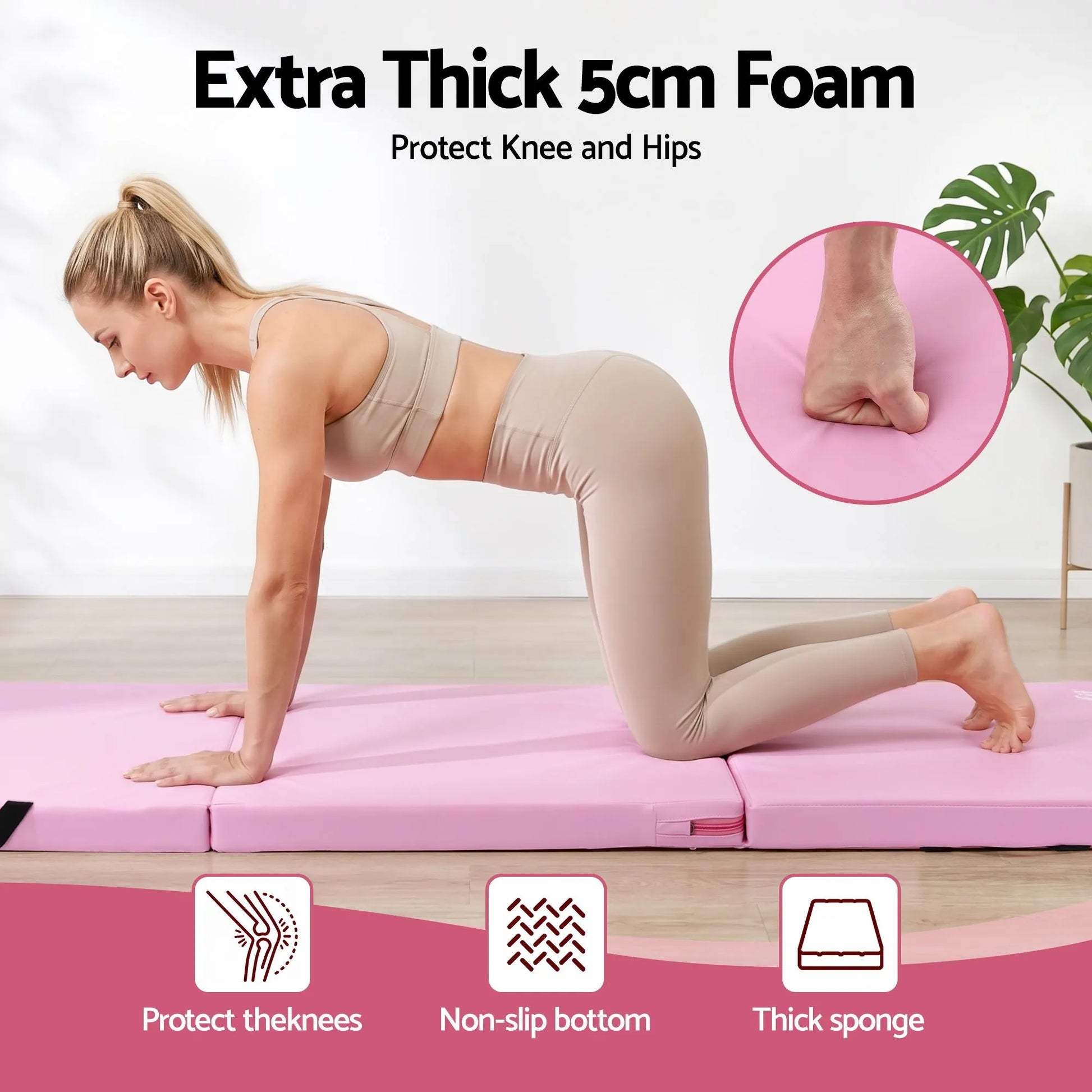 Everfit 180x60cm Gymnastics Mats Folding Exercise Floor Mat Portable 3 Fold Tumbling Mat Pink - Image 4