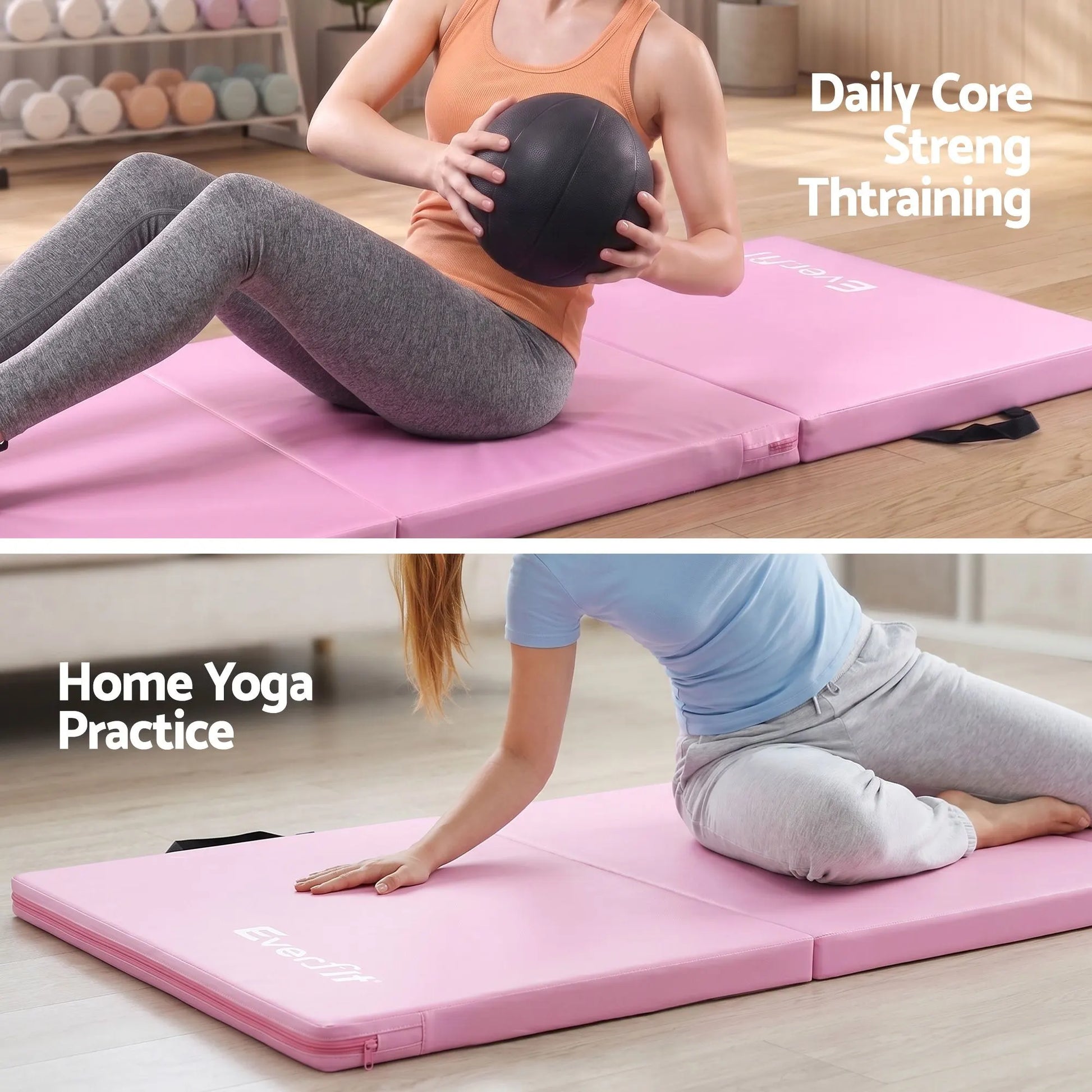 Everfit 180x60cm Gymnastics Mats Folding Exercise Floor Mat Portable 3 Fold Tumbling Mat Pink - Image 5