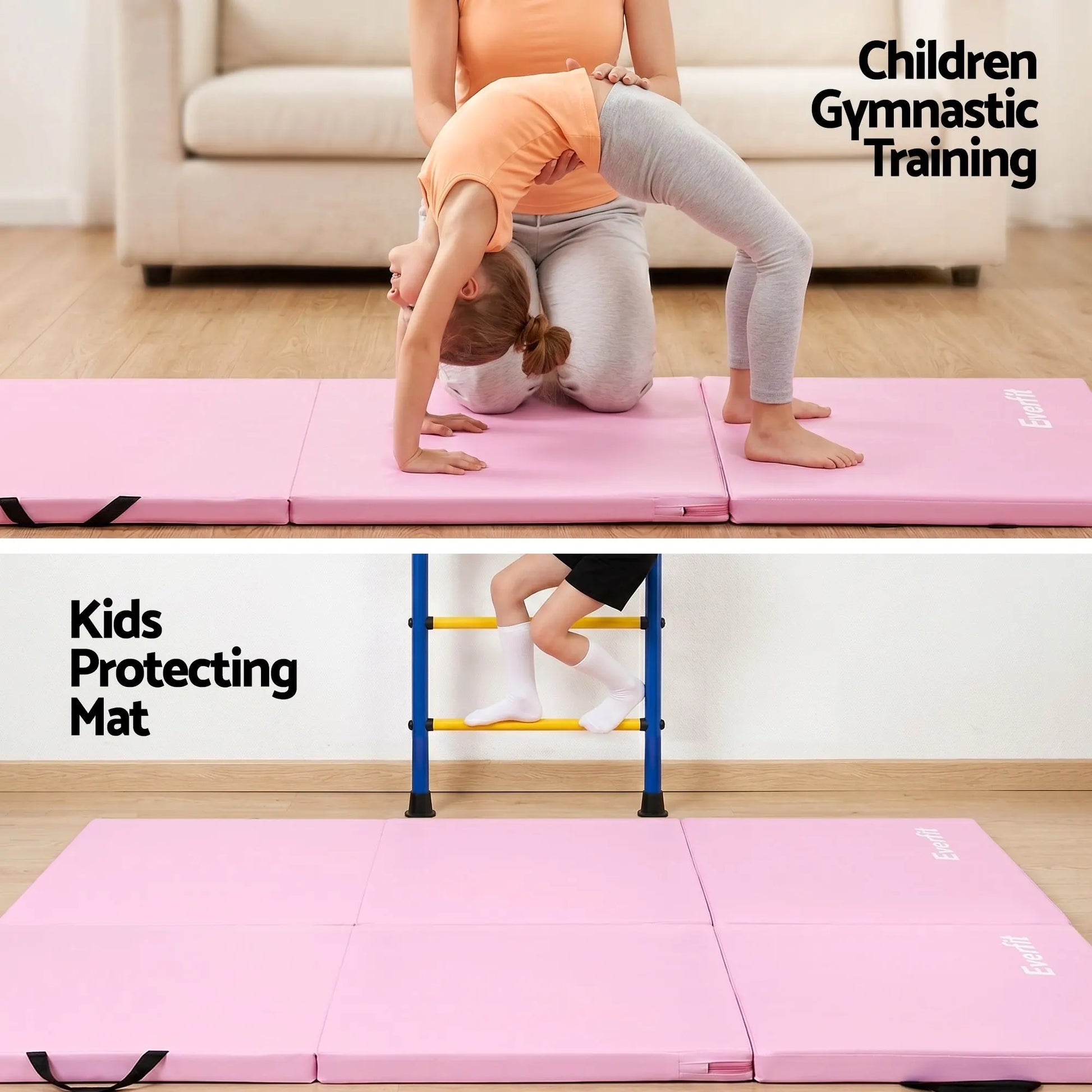 Everfit 180x60cm Gymnastics Mats Folding Exercise Floor Mat Portable 3 Fold Tumbling Mat Pink - Image 6