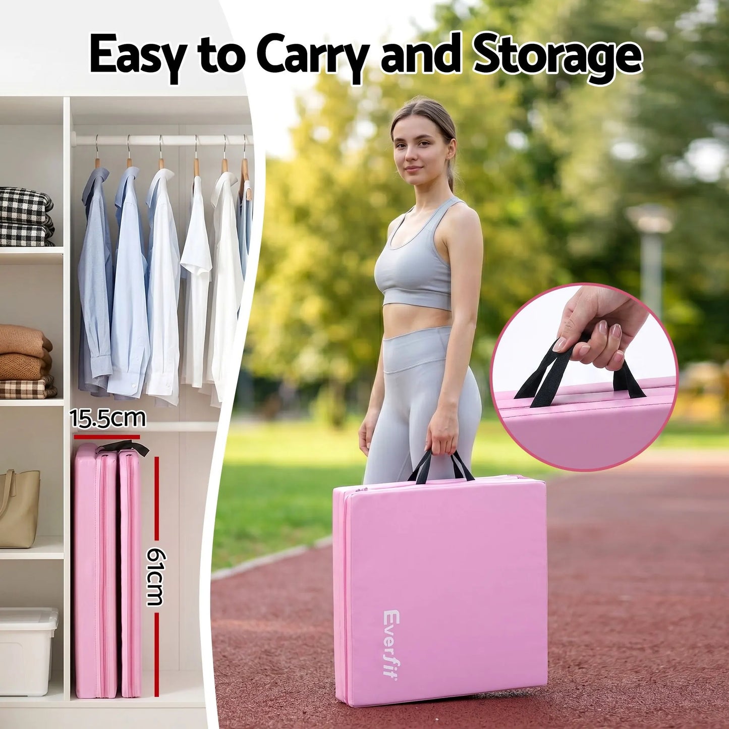 Everfit 180x60cm Gymnastics Mats Folding Exercise Floor Mat Portable 3 Fold Tumbling Mat Pink - Image 7