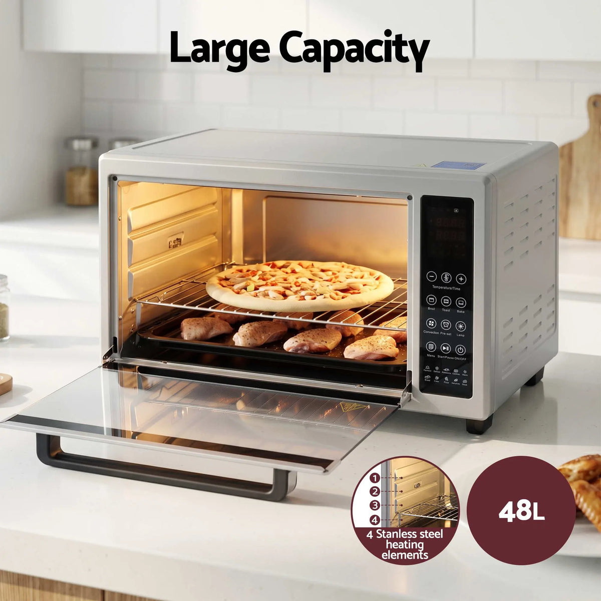 Devanti 48L Convection Oven Electric Fryer Bake Grill Ovens Benchtop 2000W Silver - Image 4