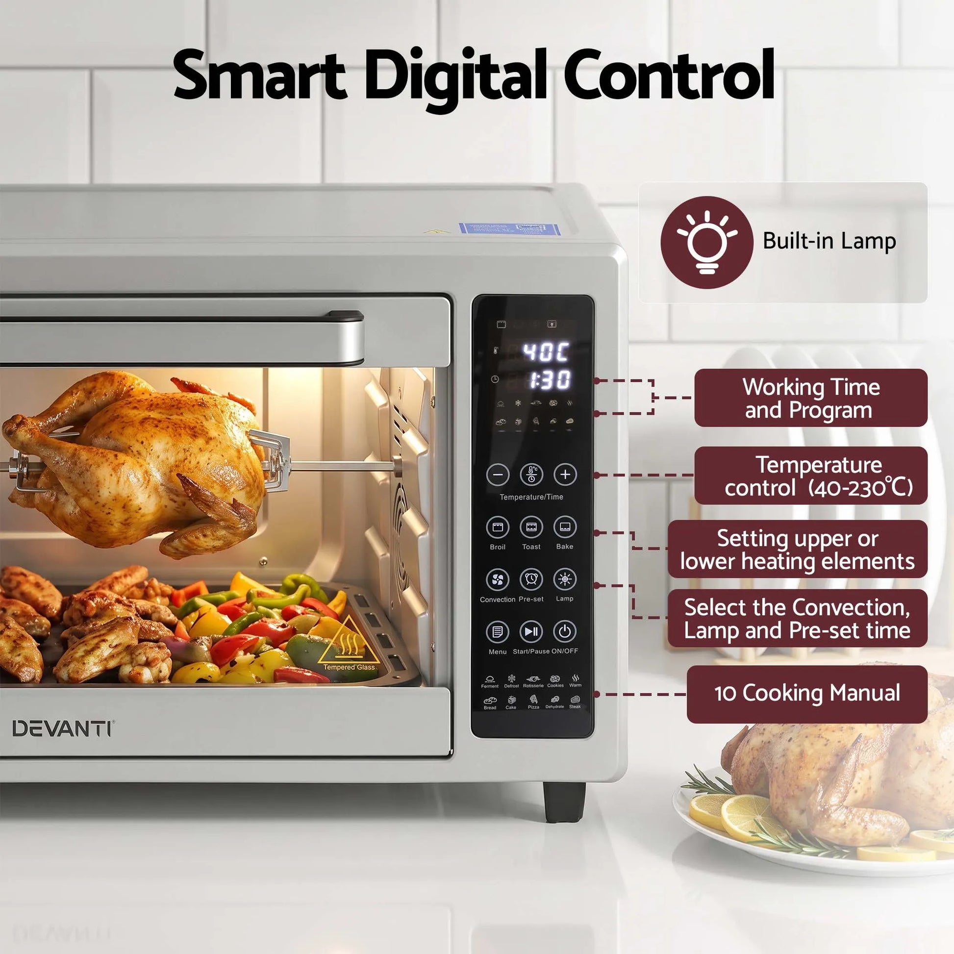 Devanti 48L Convection Oven Electric Fryer Bake Grill Ovens Benchtop 2000W Silver - Image 5