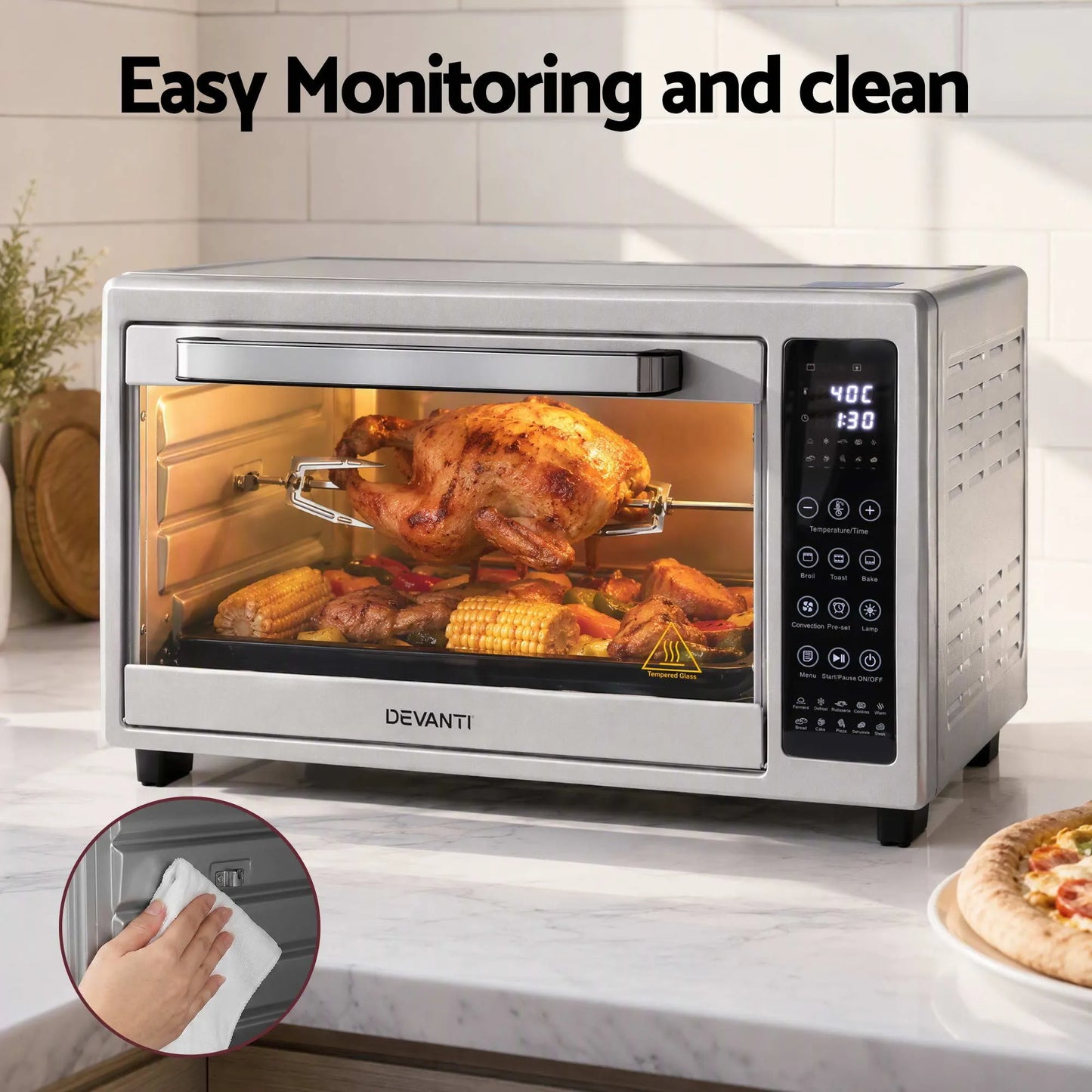 Devanti 48L Convection Oven Electric Fryer Bake Grill Ovens Benchtop 2000W Silver - Image 8
