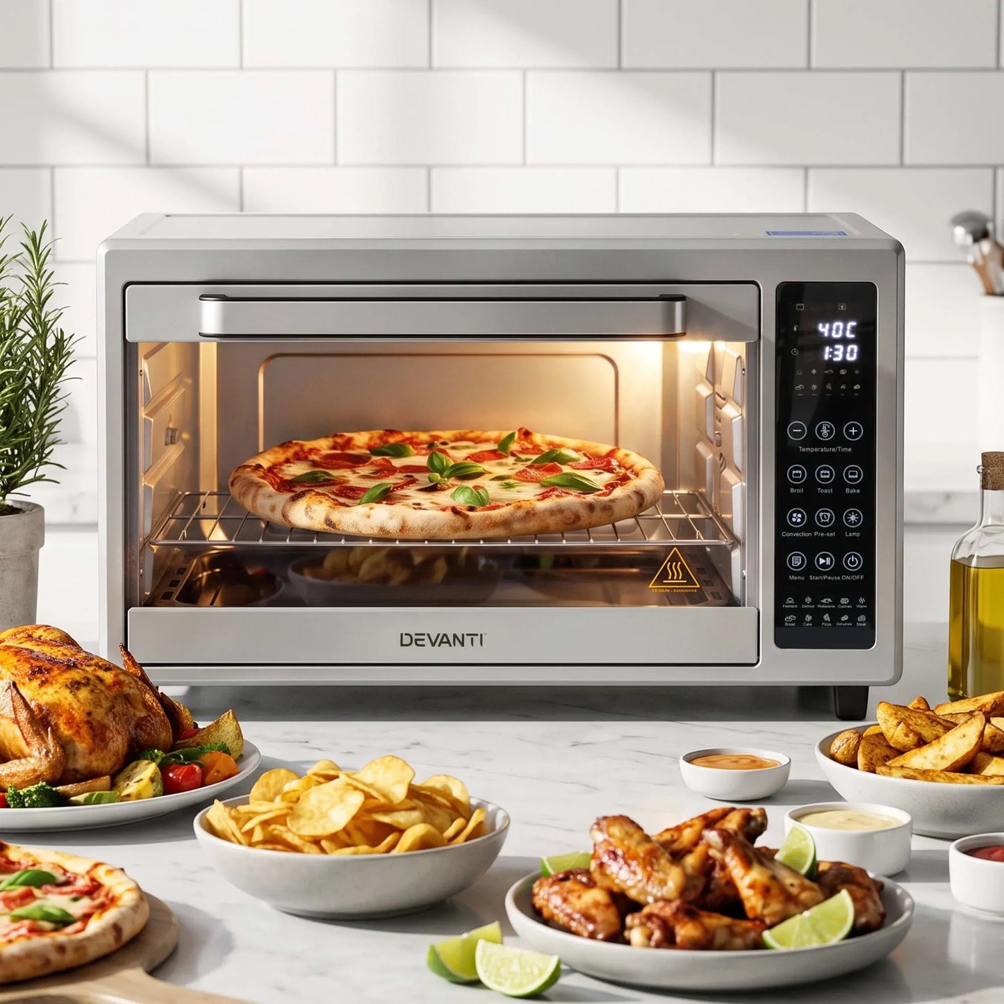 Devanti 48L Convection Oven Electric Fryer Bake Grill Ovens Benchtop 2000W Silver - Image 9