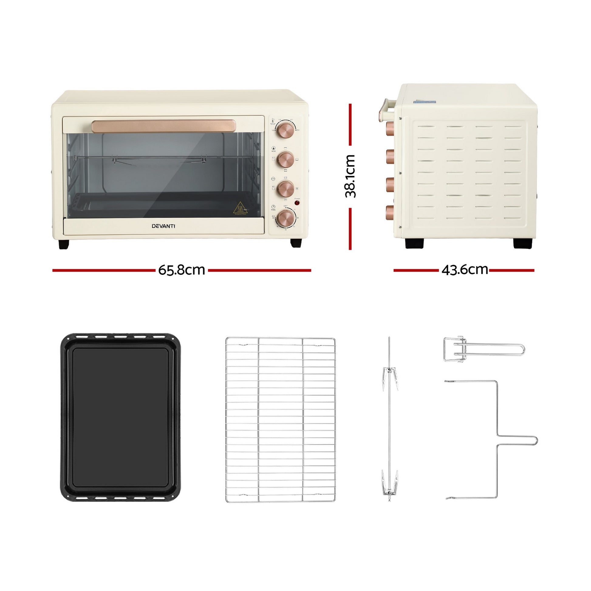 Devanti 60L Convection Oven Electric Fryer Ovens 2000W Cream - Image 2