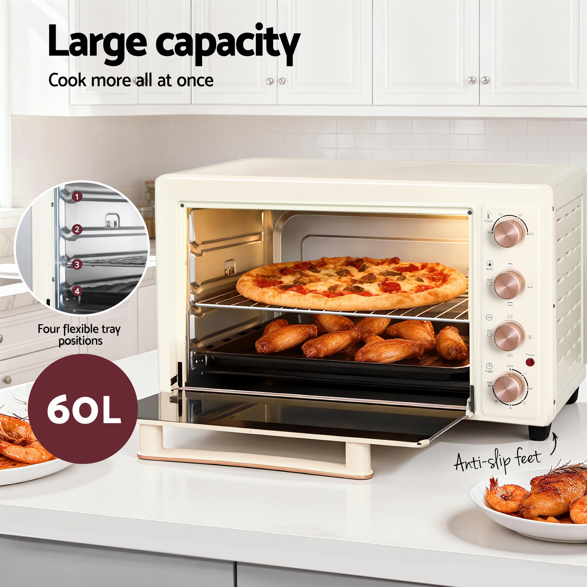 Devanti 60L Convection Oven Electric Fryer Ovens 2000W Cream - Image 4