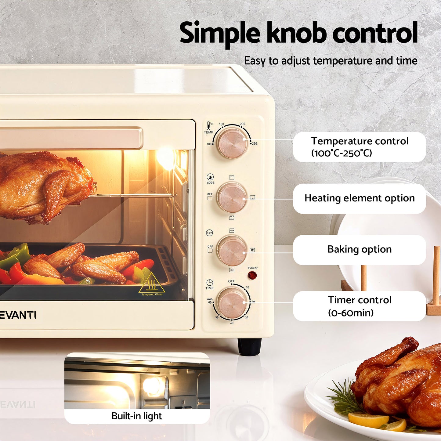 Devanti 60L Convection Oven Electric Fryer Ovens 2000W Cream - Image 5
