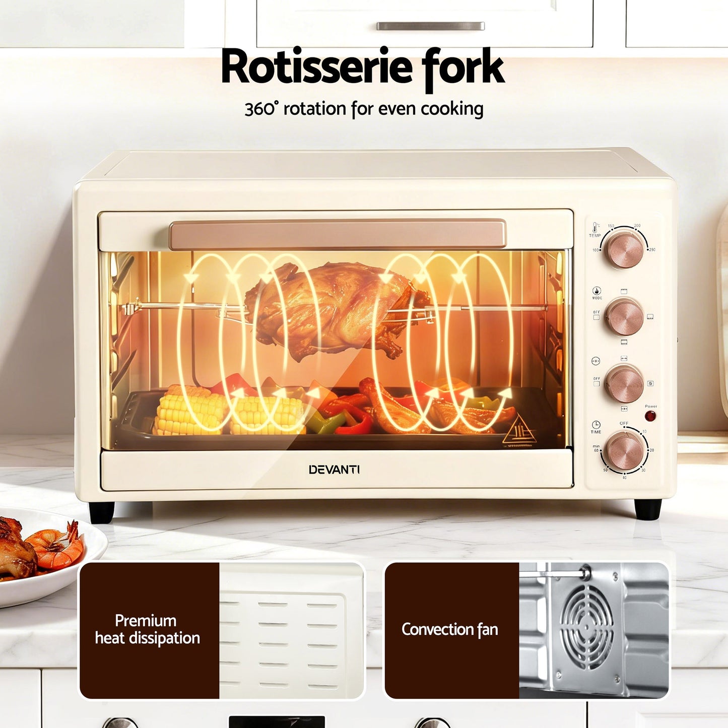 Devanti 60L Convection Oven Electric Fryer Ovens 2000W Cream - Image 7