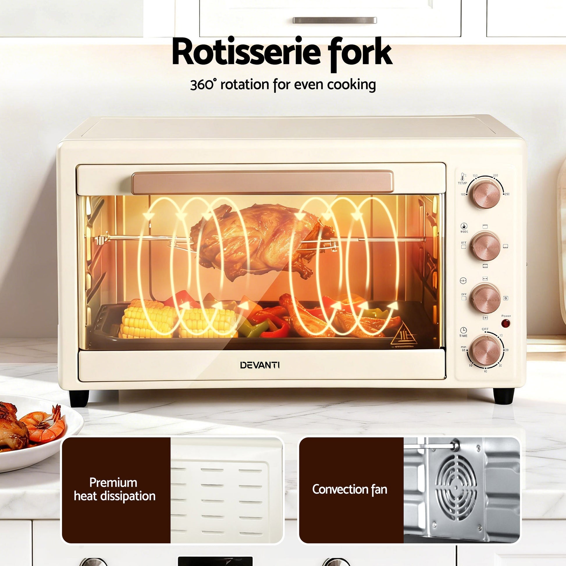 Devanti 60L Convection Oven Electric Fryer Ovens 2000W Cream - Image 7