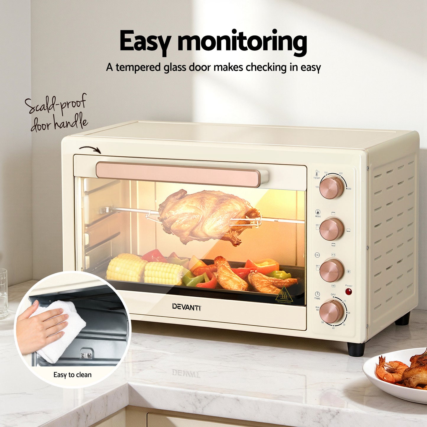 Devanti 60L Convection Oven Electric Fryer Ovens 2000W Cream - Image 8