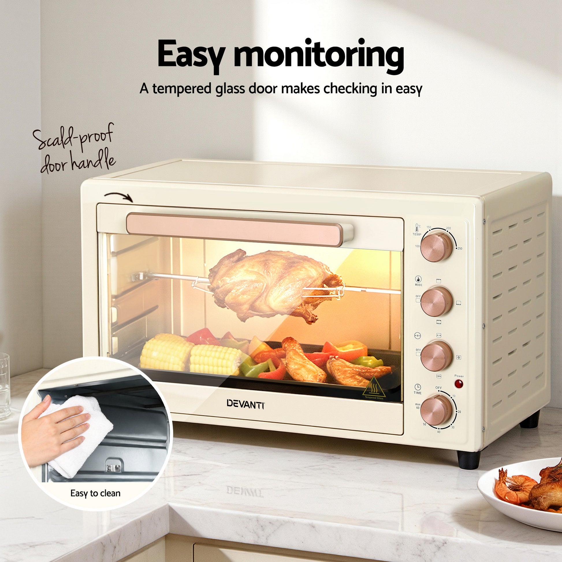 Devanti 60L Convection Oven Electric Fryer Ovens 2000W Cream - Image 8