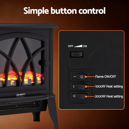 Devanti 2000W Electric Fireplace Heater Stove Freestanding 3D Flame Effect Indoor Space Heaters - Image 5