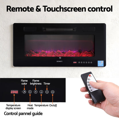 Devanti Electric Fireplace Fire Heater Wall Mounted Insert 3D Flame 1800W Remote Control - Image 7