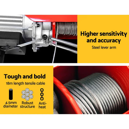 Giantz Electric Hoist Winch 300/600KG Cable 18M Rope Tool Remote Chain Lifting - Image 3