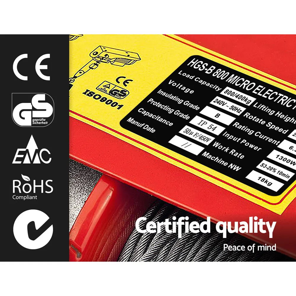 Giantz Electric Hoist Winch 400/800KG Cable 20M Rope Tool Remote Chain Lifting - Image 7