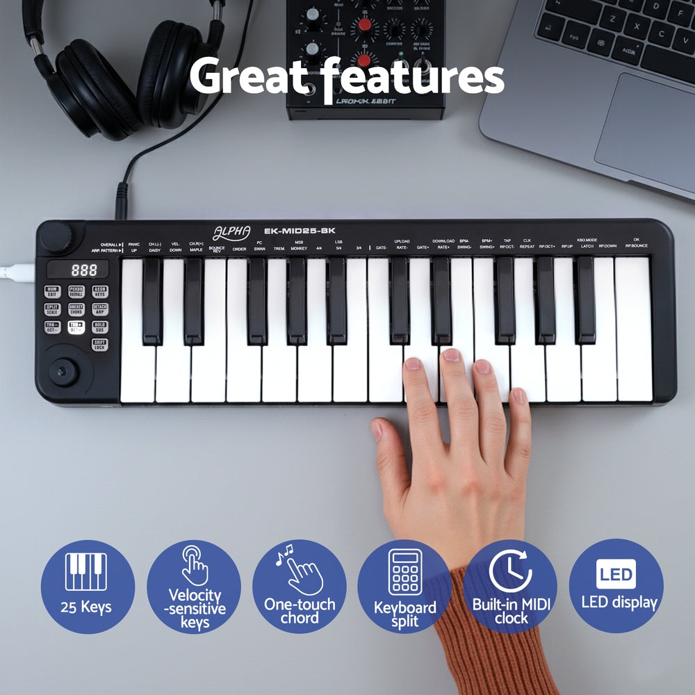 Alpha 25-Key MIDI Keyboard Controller Portable USB Laptop Black - Image 4