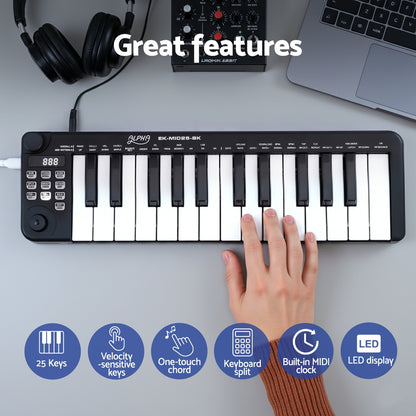 Alpha 25-Key MIDI Keyboard Controller Portable USB Laptop Black - Image 4