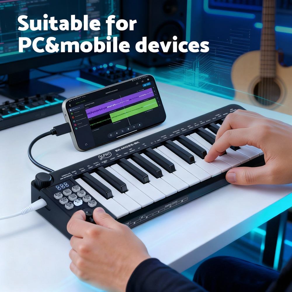 Alpha 25-Key MIDI Keyboard Controller Portable USB Laptop Black - Image 6