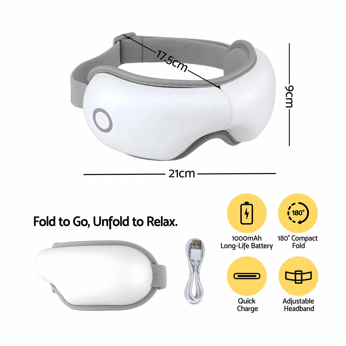 Livemor Eye Massager with Heat & Vibration | 180° Foldable Electric Eye Heat Mask with Bluetooth Music for Fatigue Relief | Rechargeable 3D Wrap-Around Temple Massager, White - Image 2