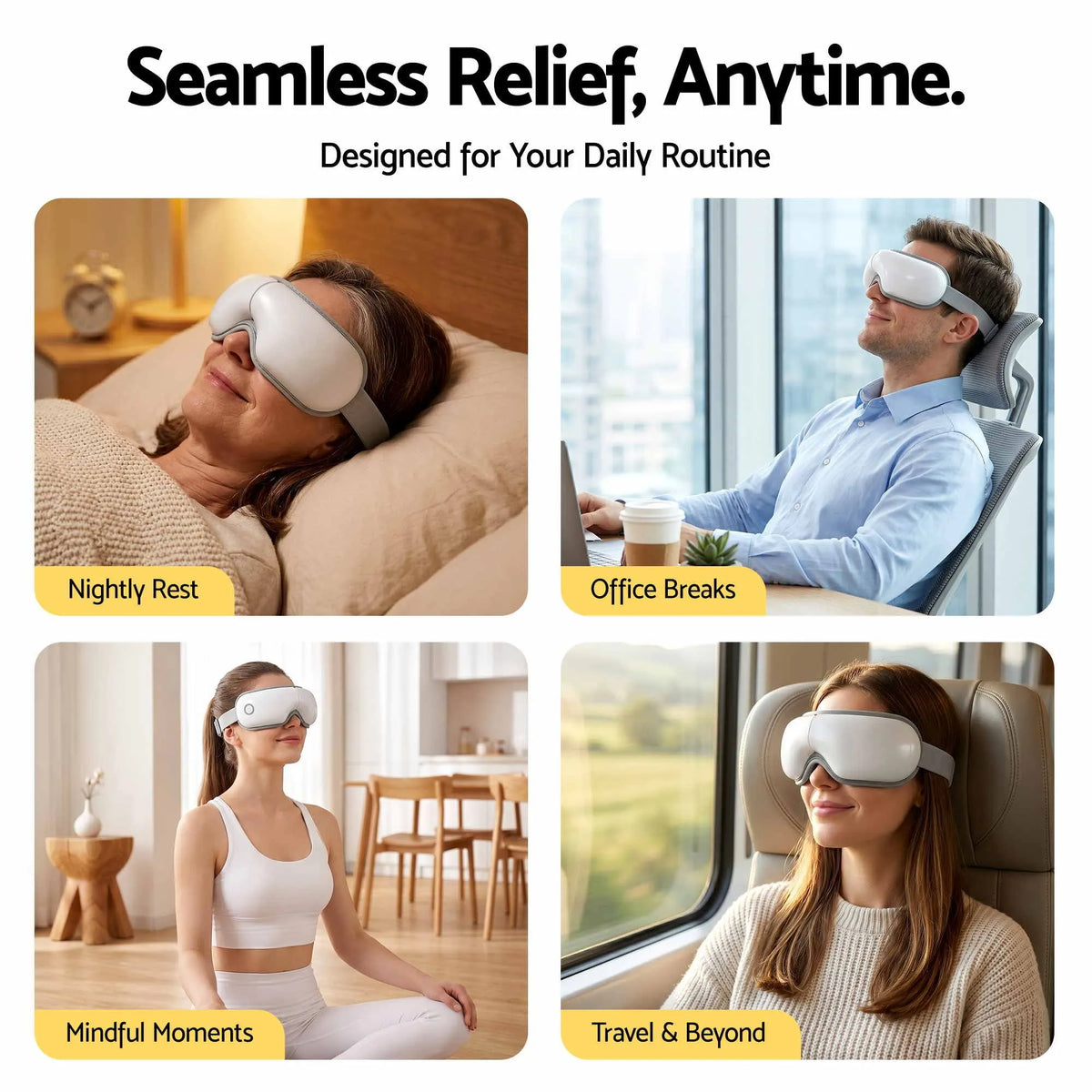 Livemor Eye Massager with Heat & Vibration | 180° Foldable Electric Eye Heat Mask with Bluetooth Music for Fatigue Relief | Rechargeable 3D Wrap-Around Temple Massager, White - Image 7