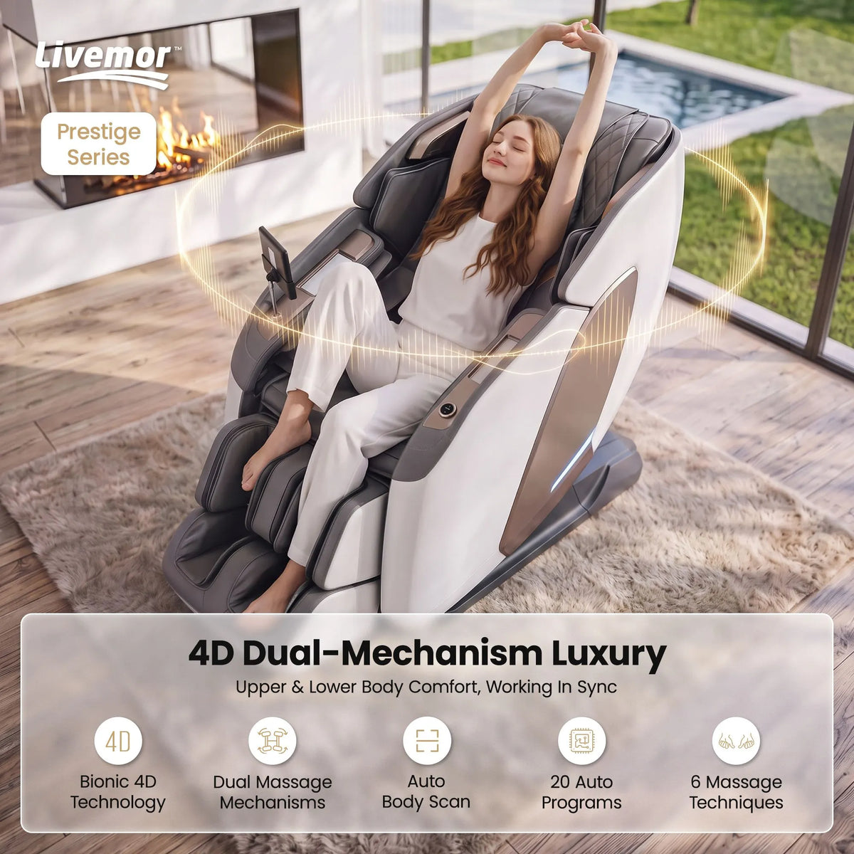 Livemor Prestige 4D Dual Mechanism Massage Chair, Full Body Zero Gravity Recliner with Extended SL Track, Body Scan, Air Compression, Waist Heating, Foot Rollers, Voice Control & Wireless Charging - Image 4