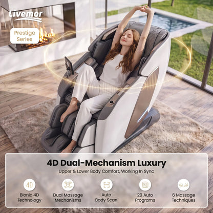 Livemor Prestige 4D Dual Mechanism Massage Chair, Full Body Zero Gravity Recliner with Extended SL Track, Body Scan, Air Compression, Waist Heating, Foot Rollers, Voice Control & Wireless Charging - Image 4