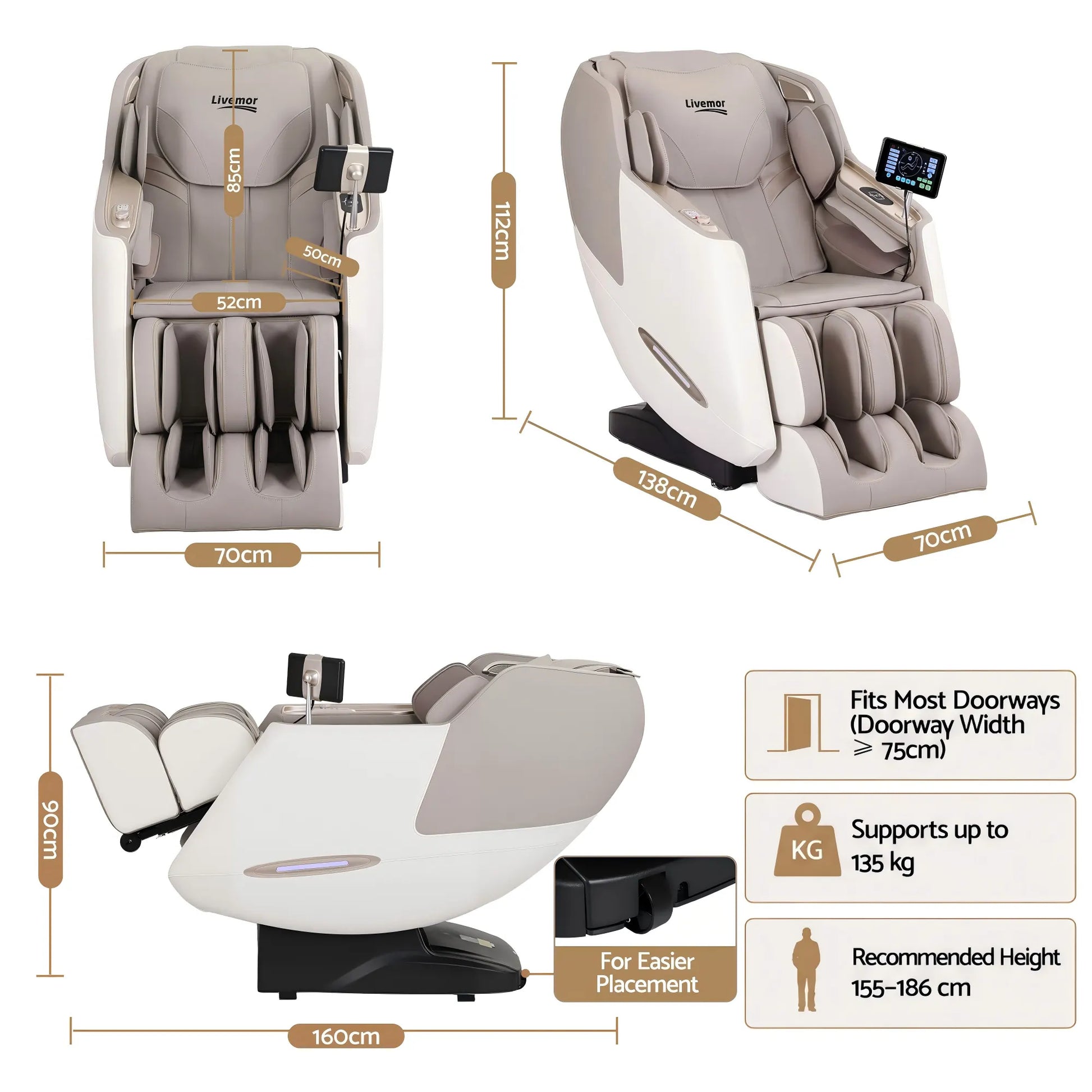 Livemor Elite 4D Massage Chair Recliner, SL Track Zero Gravity & Heat Auto Body Scan, 12 Auto Programs, 3 Zero-G Positions, Foot Rollers, Airbag Compression, Bluetooth Speaker, Wireless Charging - Image 2