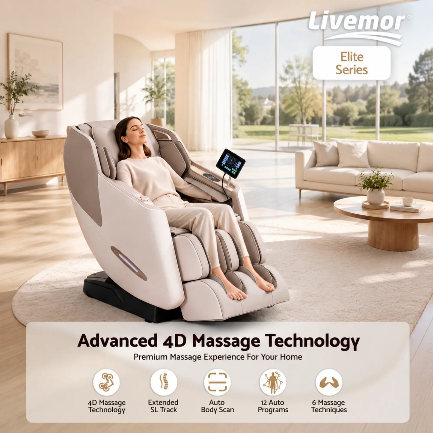 Livemor Elite 4D Massage Chair Recliner, SL Track Zero Gravity & Heat Auto Body Scan, 12 Auto Programs, 3 Zero-G Positions, Foot Rollers, Airbag Compression, Bluetooth Speaker, Wireless Charging - Image 4