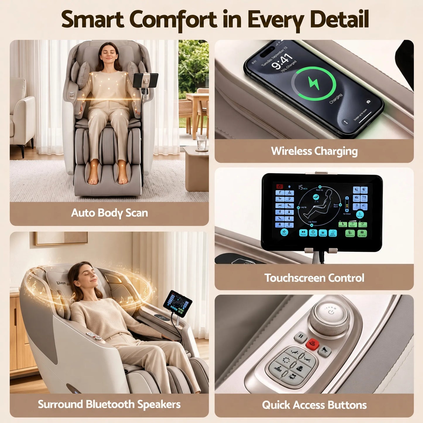 Livemor Elite 4D Massage Chair Recliner, SL Track Zero Gravity & Heat Auto Body Scan, 12 Auto Programs, 3 Zero-G Positions, Foot Rollers, Airbag Compression, Bluetooth Speaker, Wireless Charging - Image 9