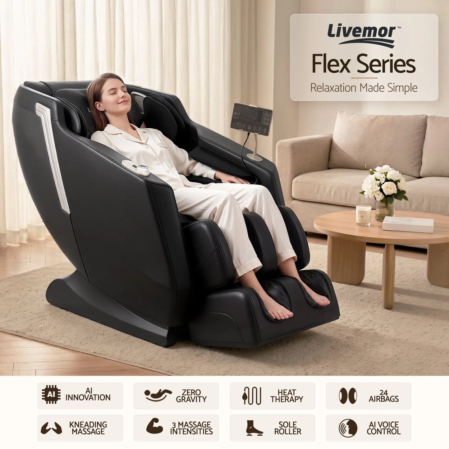 Livemor Flex Massage Chair Full Body with Heat Zero Gravity Recliner, 24 Airbags, Foot Massage, 6 Auto Programs, Voice Control, Bluetooth Speakers, Screen Control, Extendable Footrest - Image 4