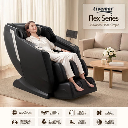 Livemor Flex Massage Chair Full Body with Heat Zero Gravity Recliner, 24 Airbags, Foot Massage, 6 Auto Programs, Voice Control, Bluetooth Speakers, Screen Control, Extendable Footrest - Image 4