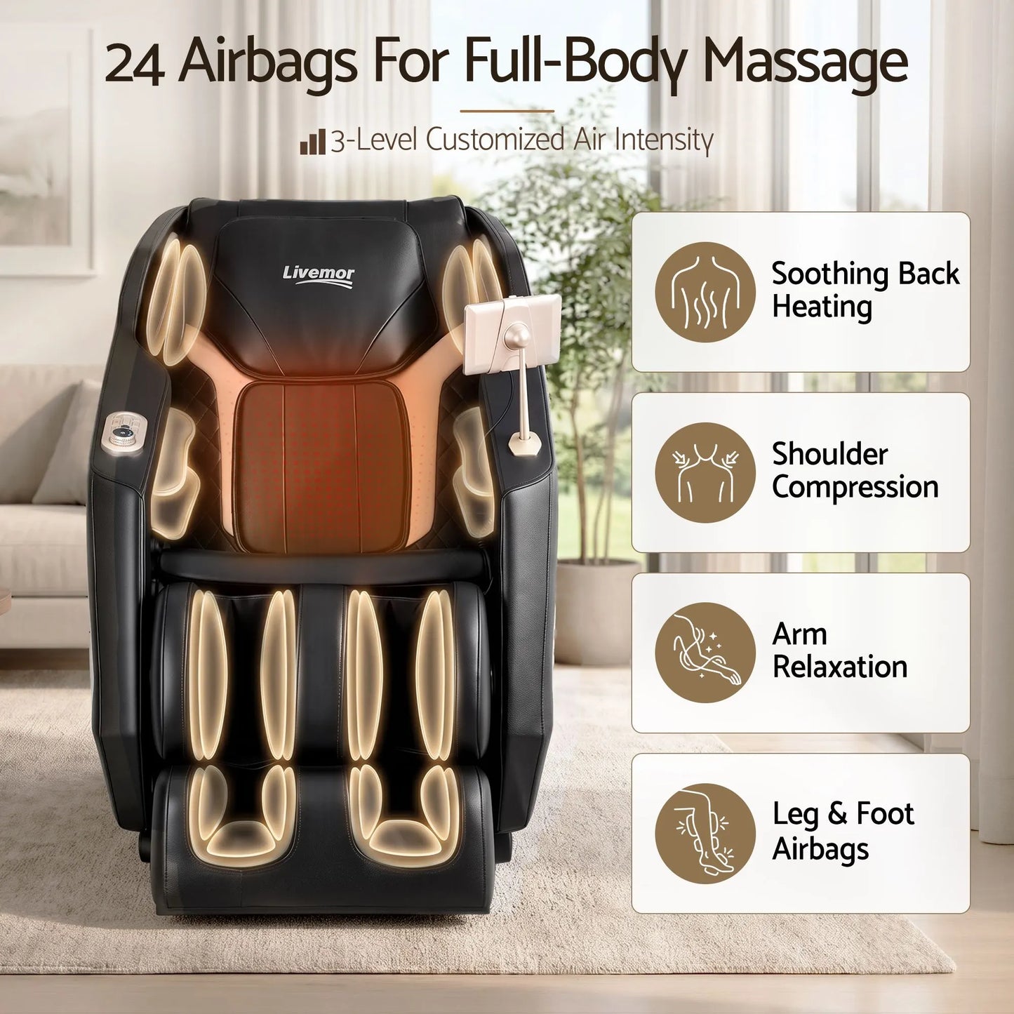 Livemor Flex Massage Chair Full Body with Heat Zero Gravity Recliner, 24 Airbags, Foot Massage, 6 Auto Programs, Voice Control, Bluetooth Speakers, Screen Control, Extendable Footrest - Image 7