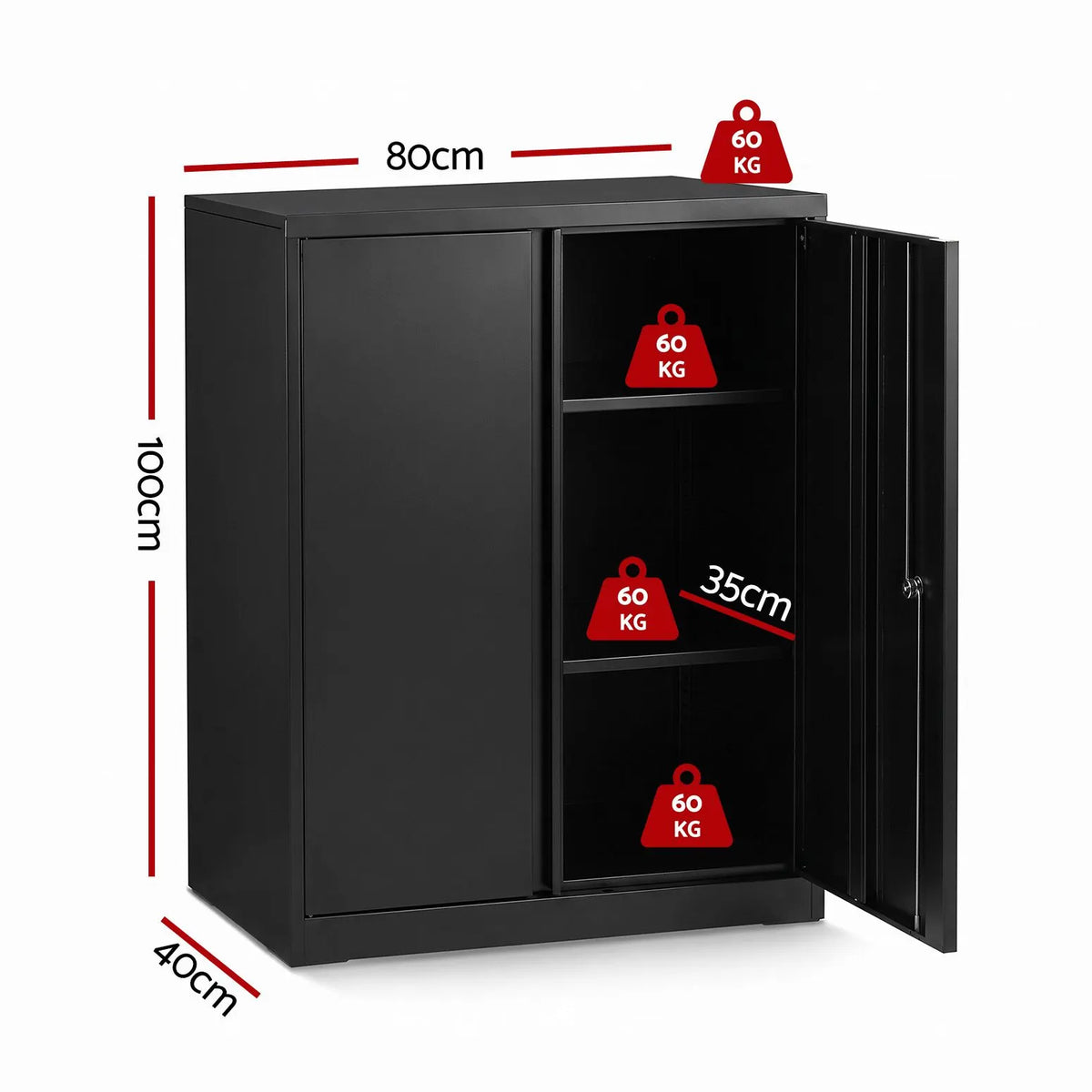 Artiss 100cm Steel Locker Cabinet Filing Mental Storage 100cm 3-Point Lock 2 Adjustable Shelves Black - Image 3
