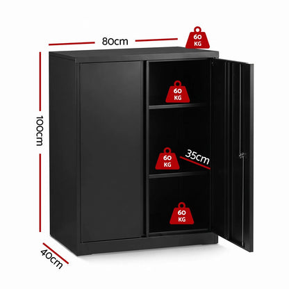 Artiss 100cm Steel Locker Cabinet Filing Mental Storage 100cm 3-Point Lock 2 Adjustable Shelves Black - Image 3