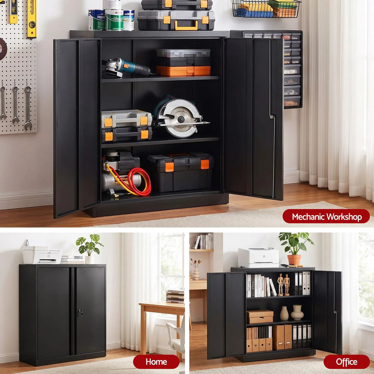 Artiss 100cm Steel Locker Cabinet Filing Mental Storage 100cm 3-Point Lock 2 Adjustable Shelves Black - Image 7
