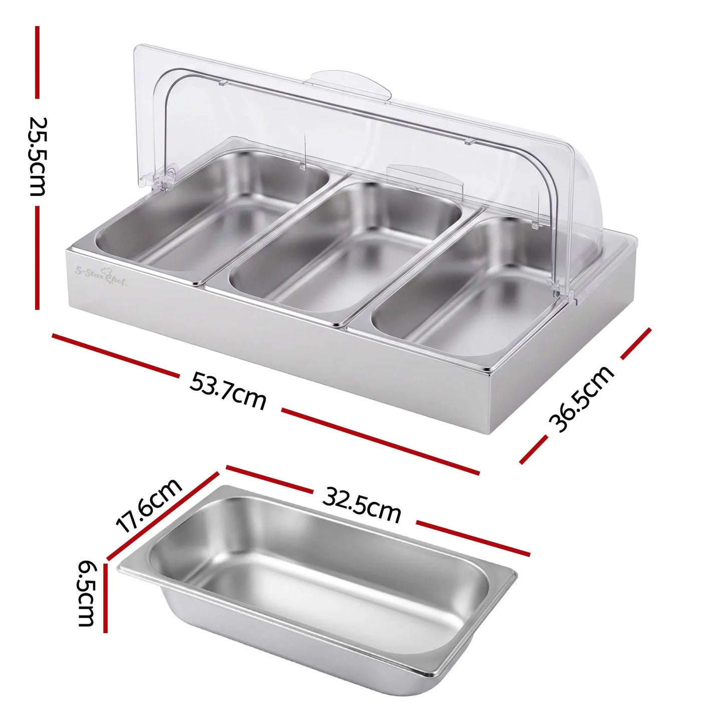5-Star Chef 3 Pan Food Serving Display Stainless Steel with Clear Roll Top Cover - Image 2