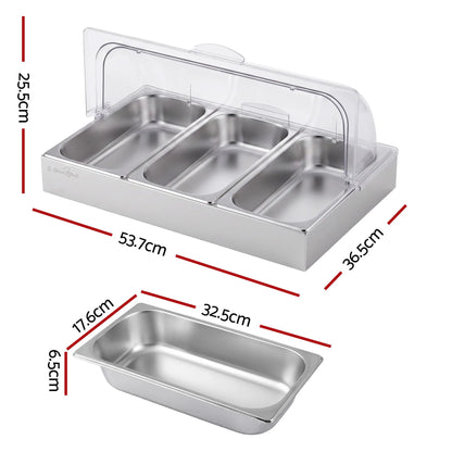 5-Star Chef 3 Pan Food Serving Display Stainless Steel with Clear Roll Top Cover - Image 2