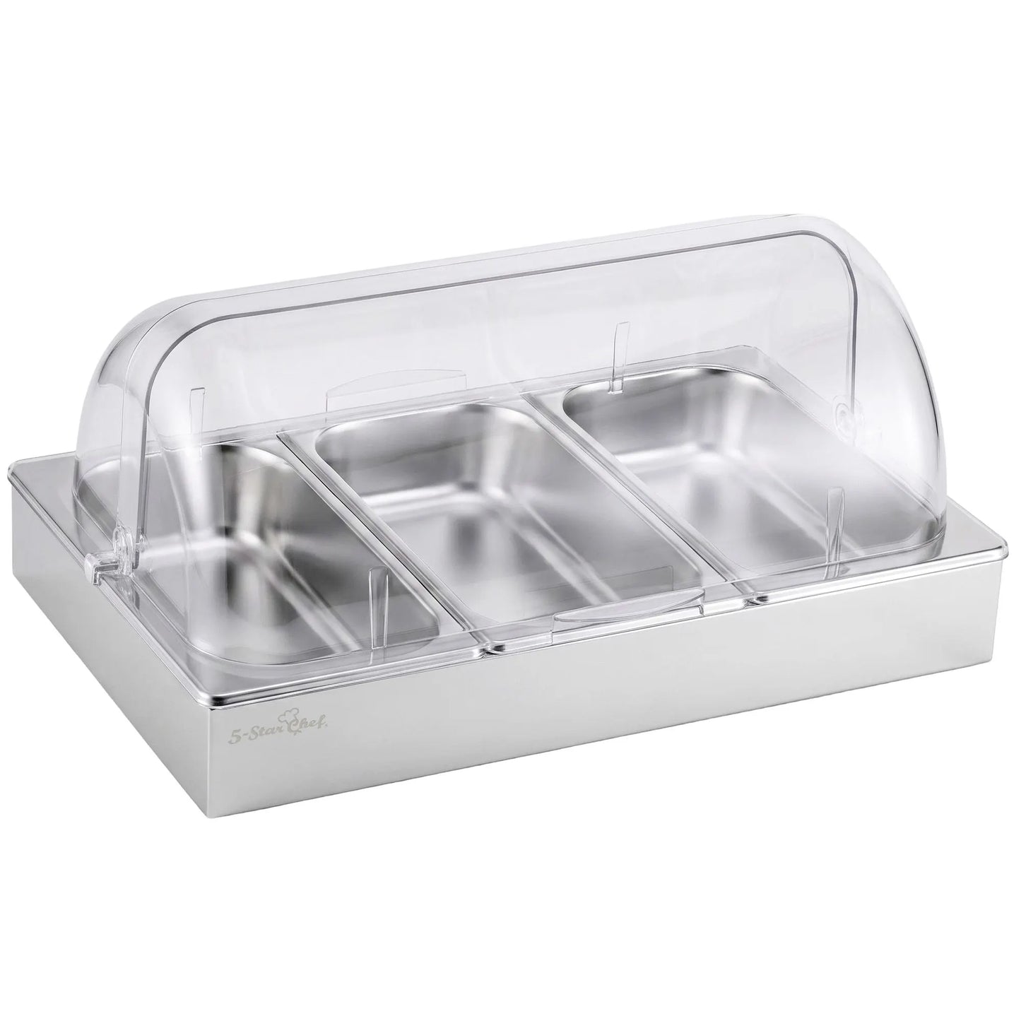 5-Star Chef 3 Pan Food Serving Display Stainless Steel with Clear Roll Top Cover - Image 3