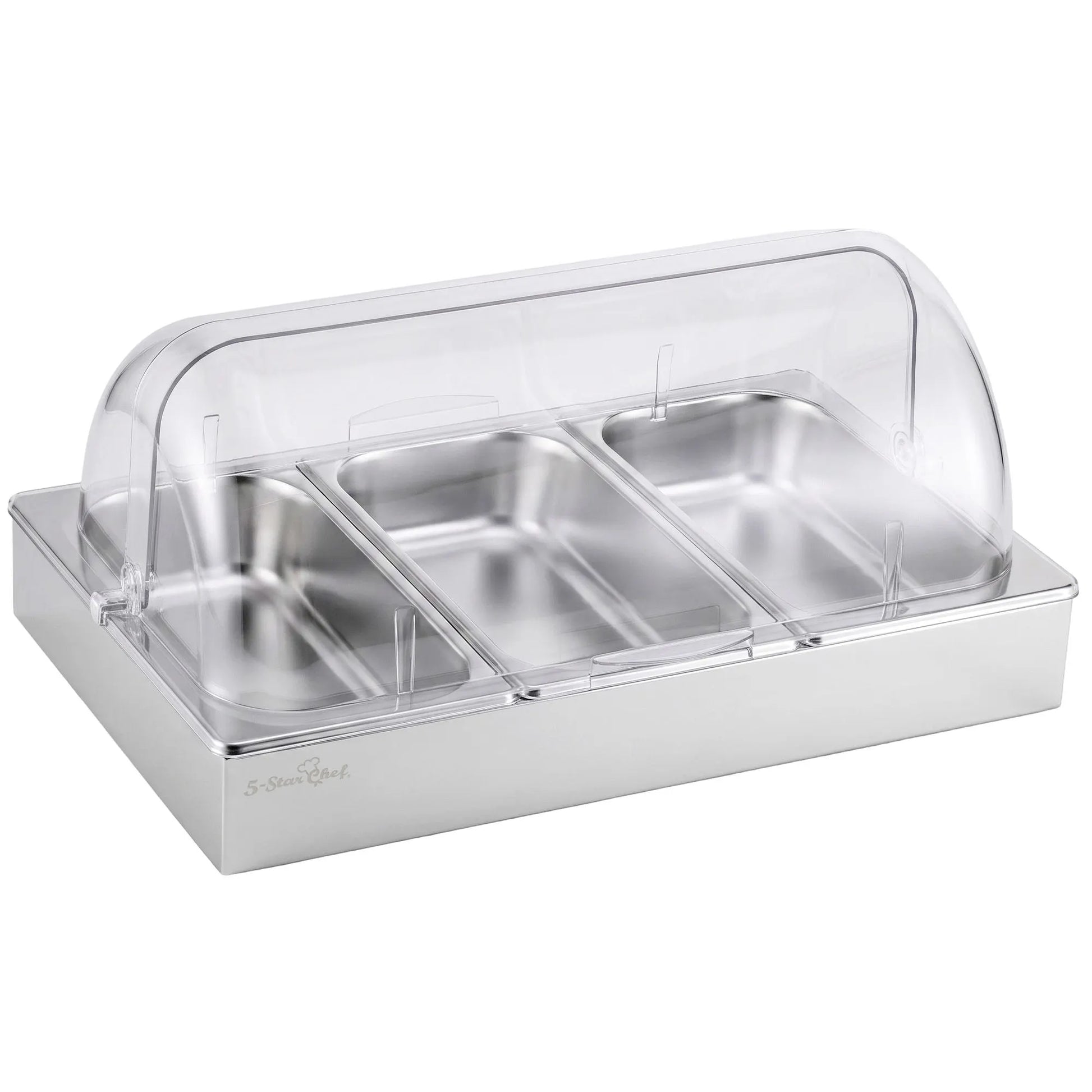 5-Star Chef 3 Pan Food Serving Display Stainless Steel with Clear Roll Top Cover - Image 3