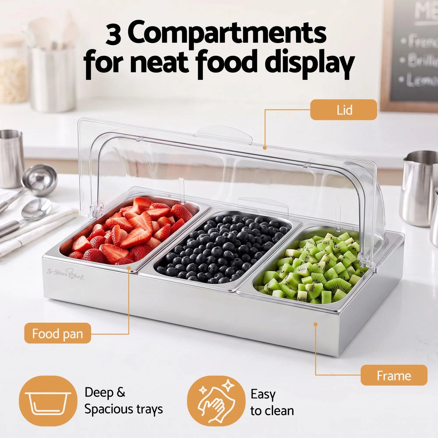 5-Star Chef 3 Pan Food Serving Display Stainless Steel with Clear Roll Top Cover - Image 4