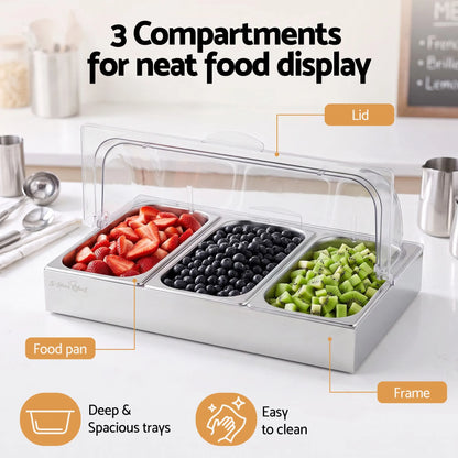 5-Star Chef 3 Pan Food Serving Display Stainless Steel with Clear Roll Top Cover - Image 4